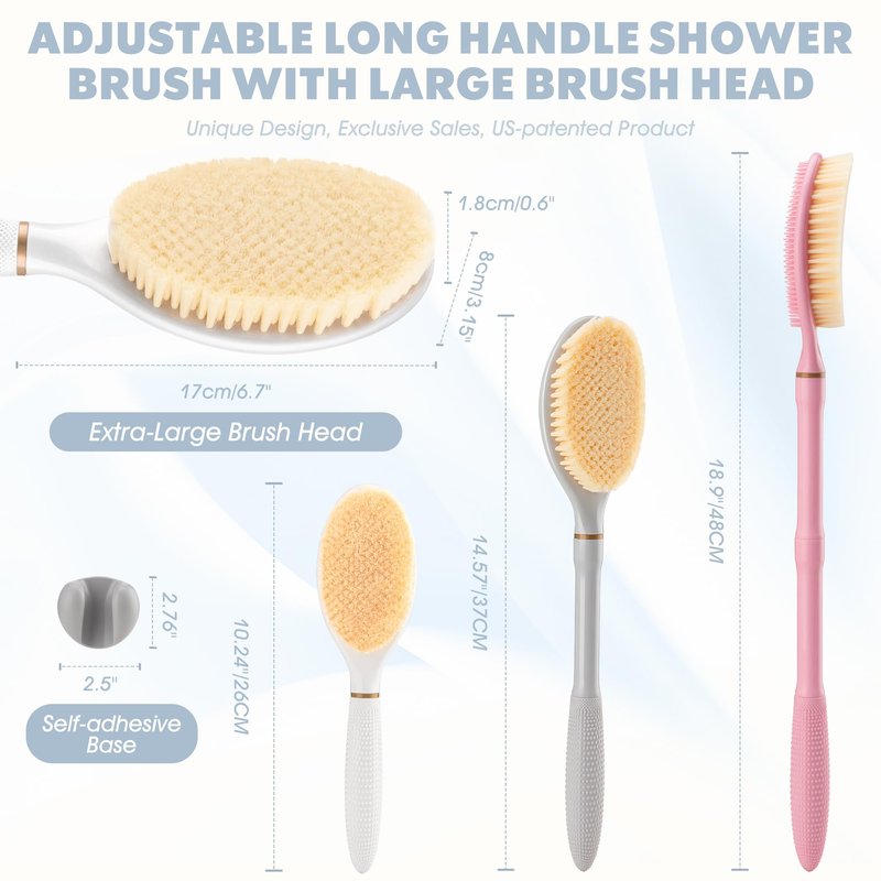 GEENOA New Back Scrubber Anti-Slip for Shower, 18.9‘’ Adjustable Shower Back Scrubber with Dual-Side Head & Soft Bristles, Extra-Long Shower Brush Bath Brush for Lathering Cleansing(White-L)