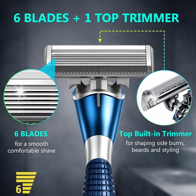 Skiennix 6-Blade Manual Razor for Men - Ergonomic Handle, 12 Blade Refills, Washable Design
