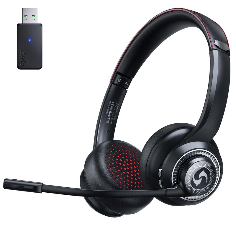Surpixo Wireless Headset with Mic for Work, Dual-Mode Bluetooth & 2.4GHz Dongle, 50H Talk Time, Headphone with mic ENC Noise Cancelling fit for Computer/Laptop/Teams, Glasses-Friendly- Black