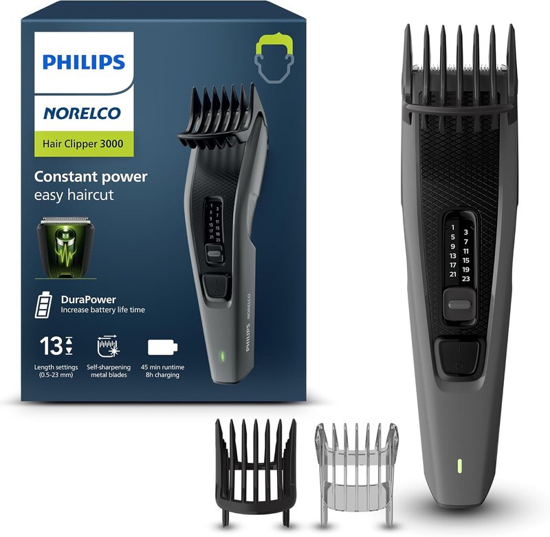 Philips Hair Clipper 3000 Series - DualCut Beard & Hair Trimmer with 13 Length Settings | Zero Maintenance, 45 Min Runtime