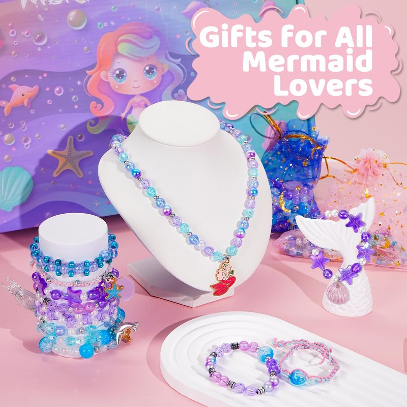 Danvren Mermaid Bracelet Making Kit for Girls, Mermaids Toys Jewelry Craft Christmas Birthday Gifts for Girl, 200+ DIY Beads,Charm Necklace Making Kits for Kids Ages 5-10
