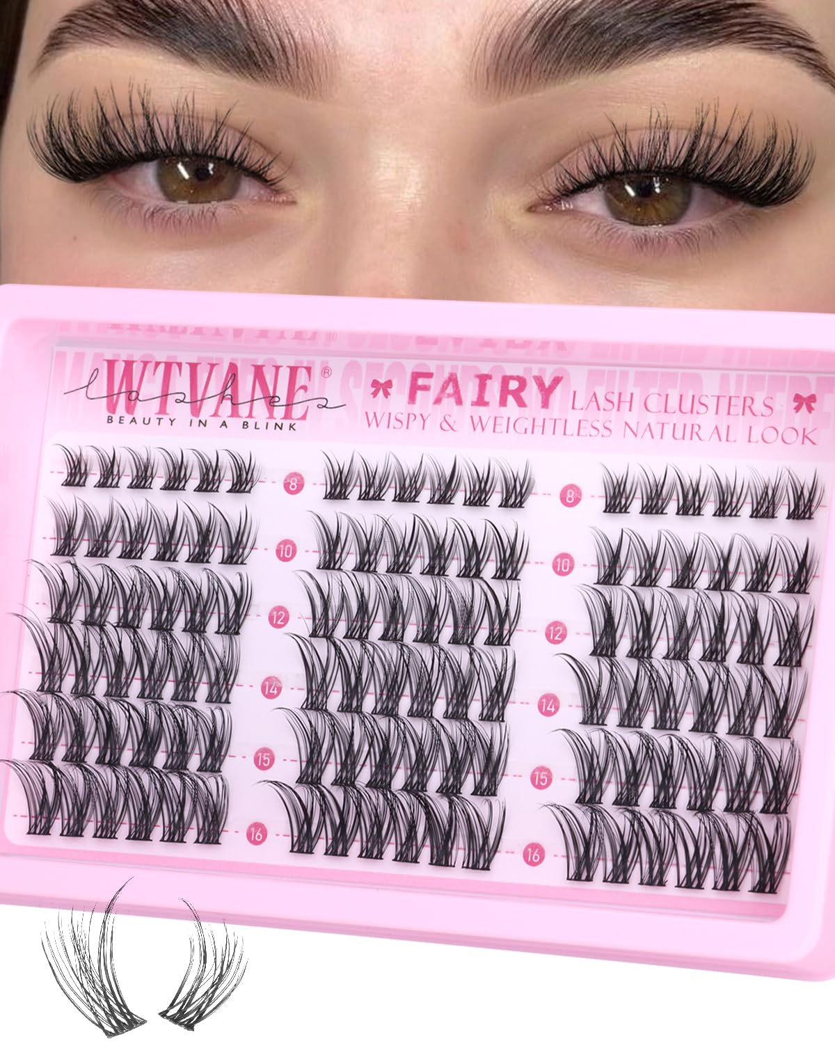 Wtvane Lash Clusters Wispy Eyelash Clusters Natural Lash Extensions 8-16mm Cluster Eyelash Extensions Fairy Lashes Clusters with Soft Thin Lash Band C-Curly Individual Lashes Anime Eyelashes Cluster