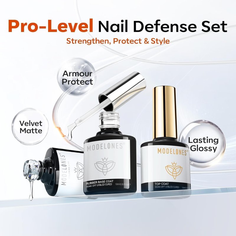 modelones Gel Nail Polish Top Base Coat Set, 3Pcs Rubber Base and Glossy Clear & Matte Gel Top Coat Chrome Proof No Wipe High Shine Nail Polish Soak Off U V LED Nail Art Home DIY Manicure Gift for Wom