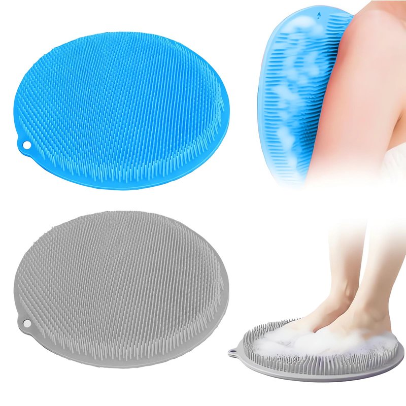 Merleu 2 Pack Shower Foot Scrubber & Shower Back Scrubber Wall Mounted with Delicate Brush,Circular Design Shower Back Scrubber,Non-Slip Foot Scrubber Mat(Grey and Blue)