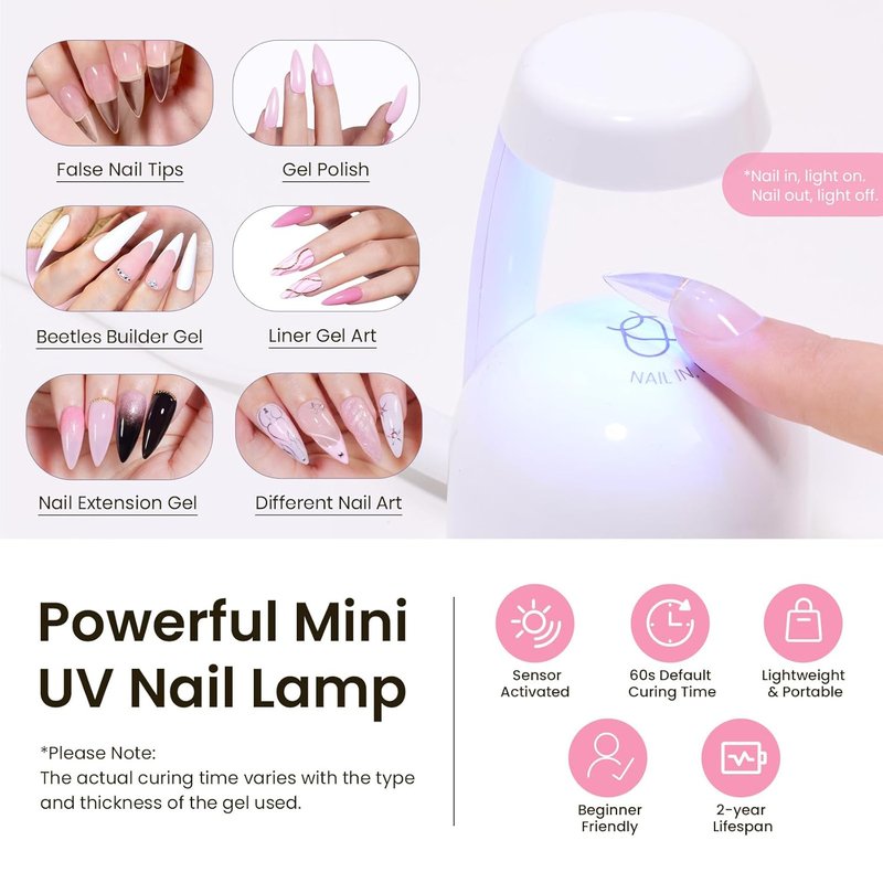 Beetles Tipex Instant Apex Nail Tips Kit - Medium Stiletto | 224 Pcs, 16 Sizes, Pre-Built & Pre-Etched with Glue & Mini Lamp