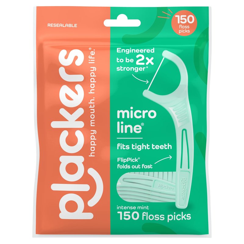 Plackers® Micro Line® Floss Picks - Intense Mint, Floss Fiber Made Without PTFE, 150 Count