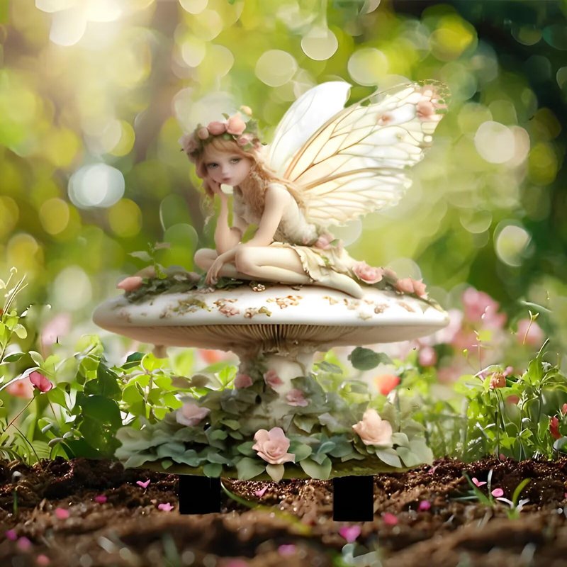 Fairy On The Mushroom Acrylic Garden Stake, Indoor and Outdoor Garden Acrylic Decoration, Suitable for Flower Pots and Landscape Beautification, Suitable for Courtyards and Lawn