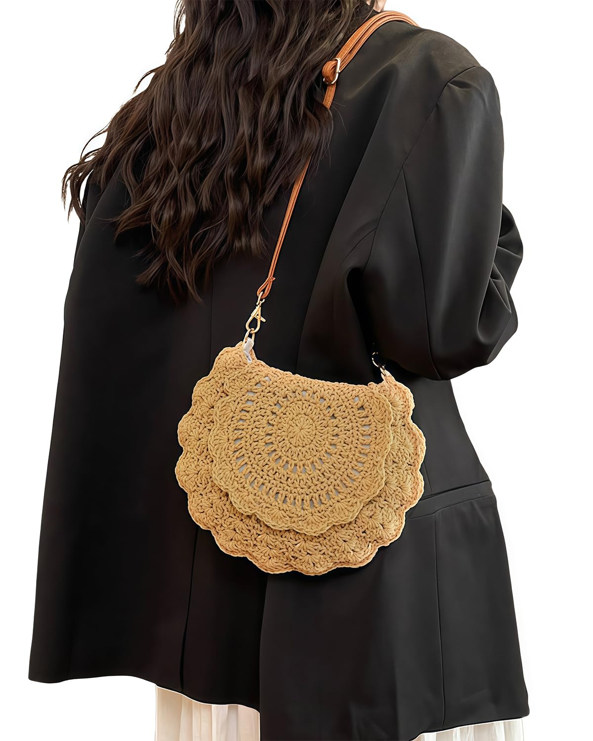 Suillty Women Hollow Out Straw Woven Shoulder Bag Small Round Crossbody Purse Handbag Summer Beach Messenger Bag