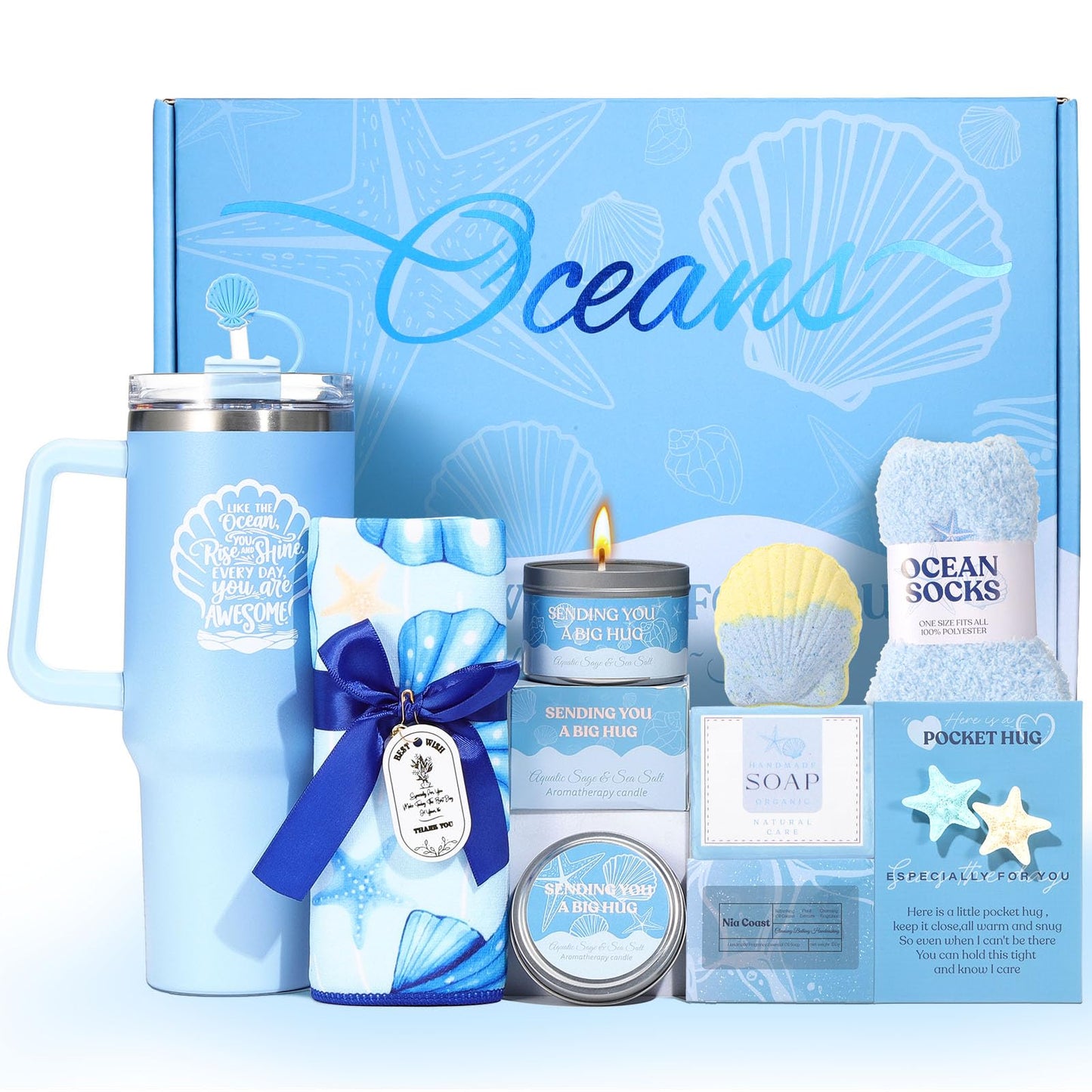 Ocean Gift Baskets for Women, Blue Self Care Spa Gift Set with 40oz Tumbler, Birthday Gift for Women Her Mom Wife Friend, Get Well Soon Gifts, Relaxation Gift Care Package for Women