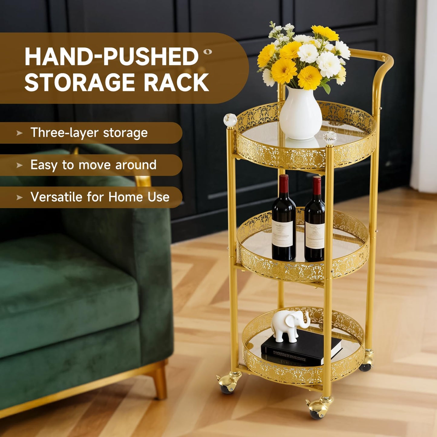 taotanra Multi-Functional Mobile Trolley Golden bar cart is Suitable for Home bar Service, Featuring a Rolling bar cart with Lockable casters, a Glass bar cart with 3 Mirror Holders