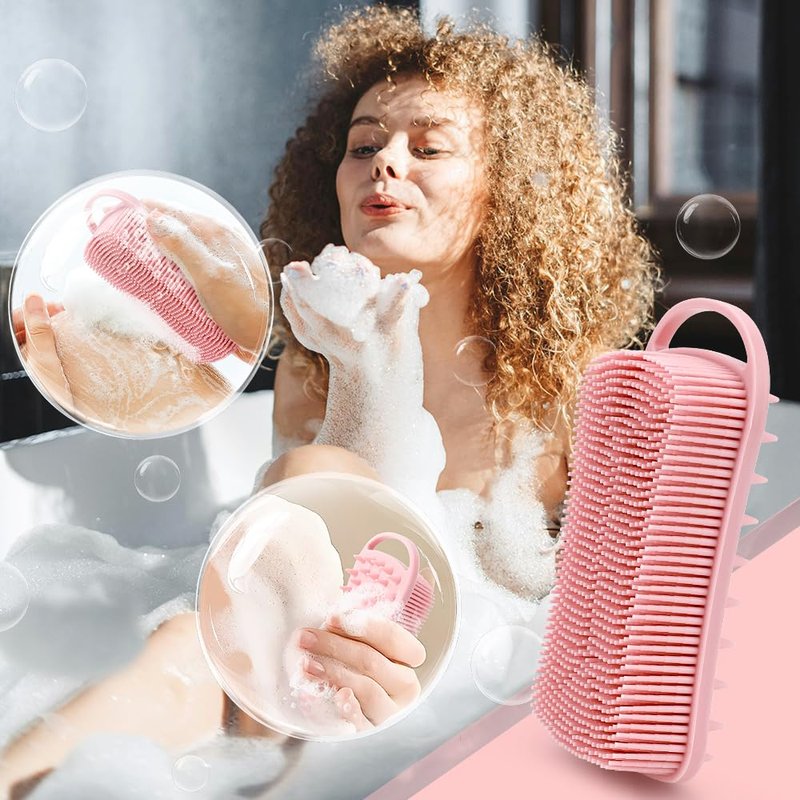 Silicone Body Scrubber, 2 in 1 Soft Silicone Loofah 2 Pack Exfoliating Body Scrubber Loofah for Women Men, Body Scrubber Shower Bath Shampoo Brush with Loop for Sensitive Skin Lather Well, Black &Pink