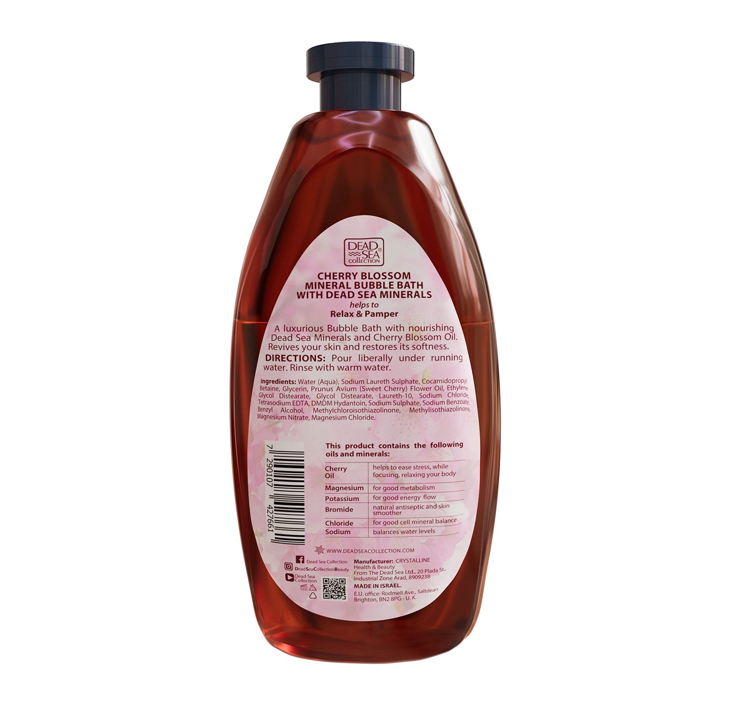Dead Sea Collection Bubble Bath with Cherry Blossom for Women and Men – Cherry Seeds Oil and Dead Sea Salt - Nourishing and Moisturizing Skin - Pack of 2 (67.6 fl.oz)