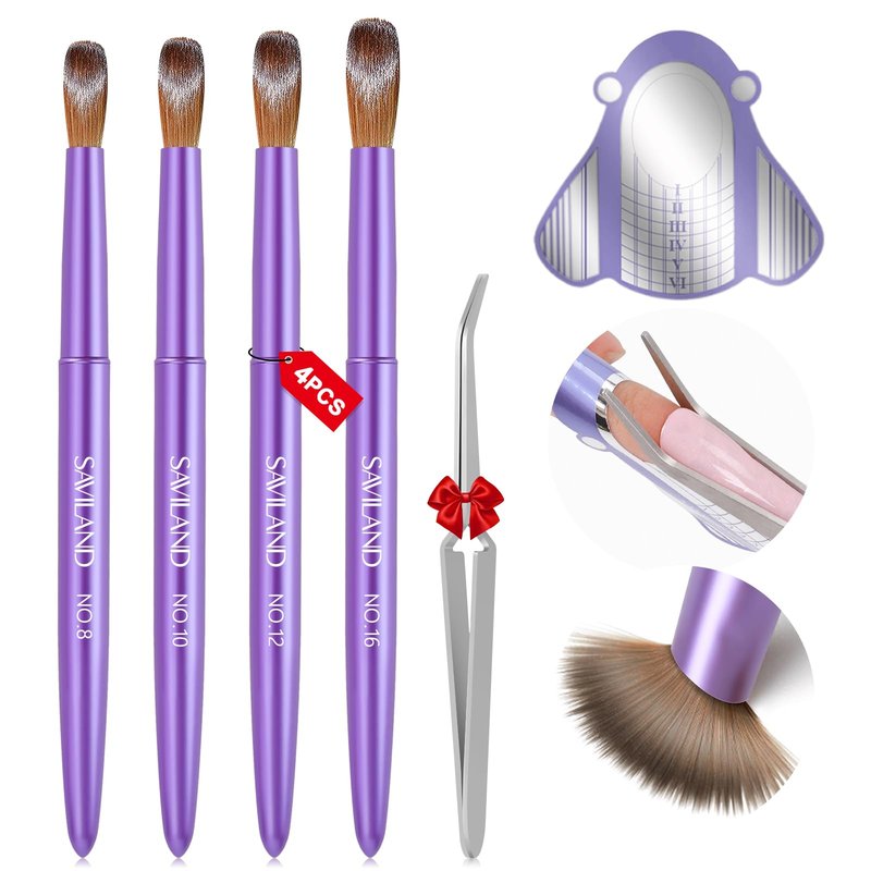 Saviland Acrylic Nail Brush Nail Kit: Acrylic Powder Nail Brush Kit with Shaping Tweezers Nail Forms Purple Nail Brushes Set Size 8 10 1216 for Acrylic Application Nails Art Extension 3D Carving
