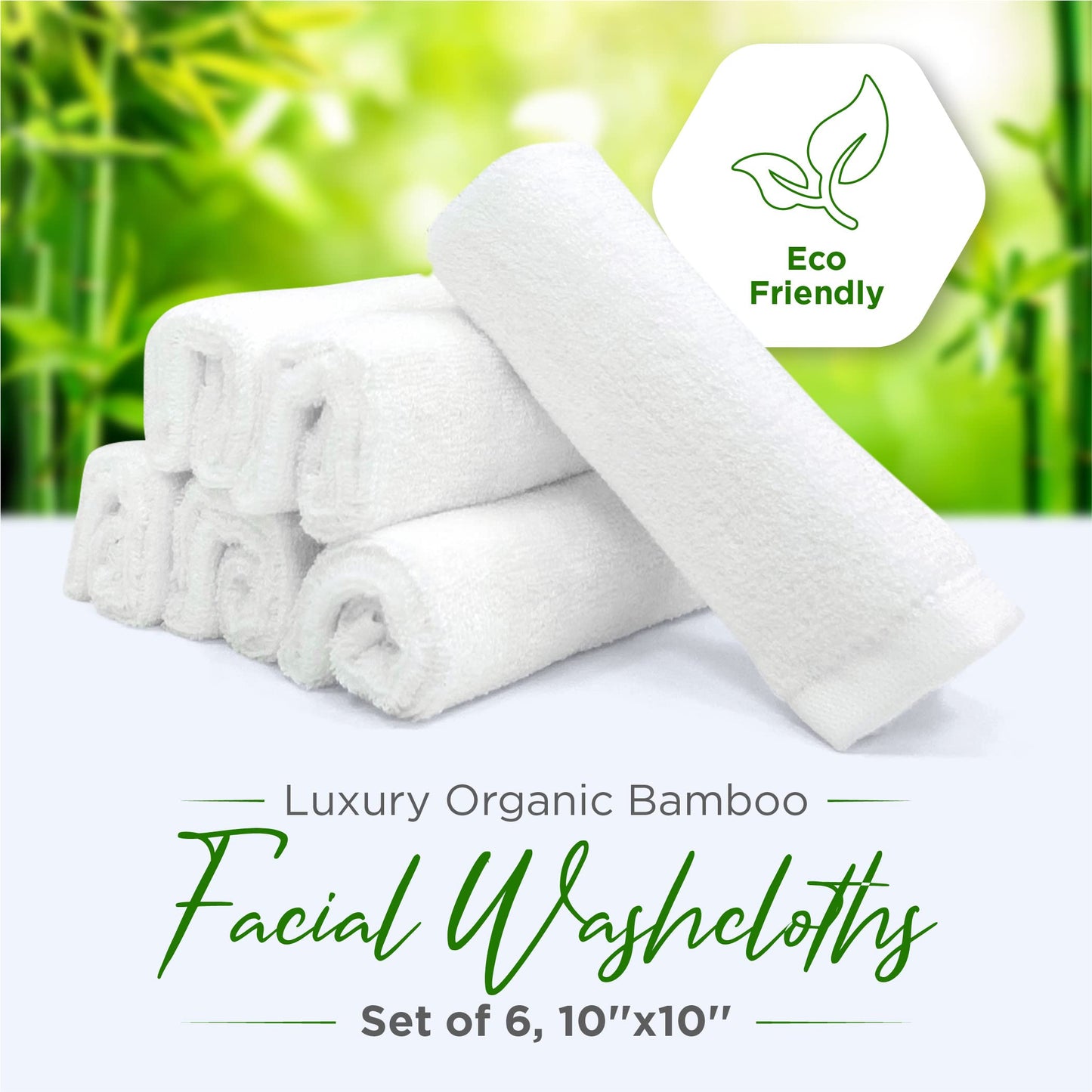 Ellie Cove Luxury Facial Washcloths, Made from 100 Percent Rayon Derived from Bamboo, Makeup Remover, Reusable Absorbent, Gentle for Delicate Sensitive Skin, Set of 6, 10"X10" (White)
