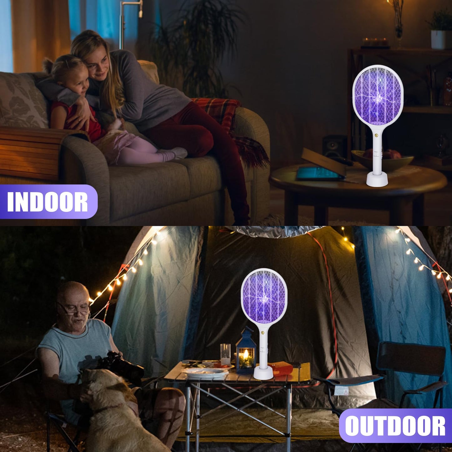 2 PCS 3000V Electric Fly Swatter Racket, 2 in 1 Bug Mosquito Killer Zappers USB Rechargeable, 1200mAh Mosquitoes Killer Lamp & Fly Zappers with 3 Layer