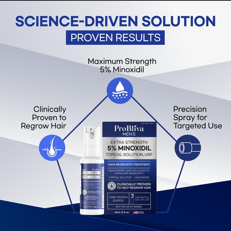 ProBliva 5% Minoxidil for Men Spray: Extra Strength 5% Minoxidil Topical Hair Growth Treatment - Clinically Proven Solution for Hair Loss & Thinning - Made in USA (2 Fl Oz (Pack of 1))