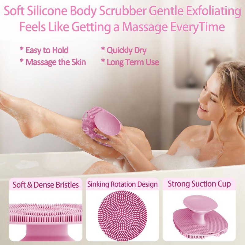 ARIOSOX, Soft Silicone Body Scrubber, Gentle Like a Hand Exfoliating Your Skin and Build Up Lather Easily, Back Large Suction Cup Easy to Store, Long-Lasting & Deep Clean (Pink)