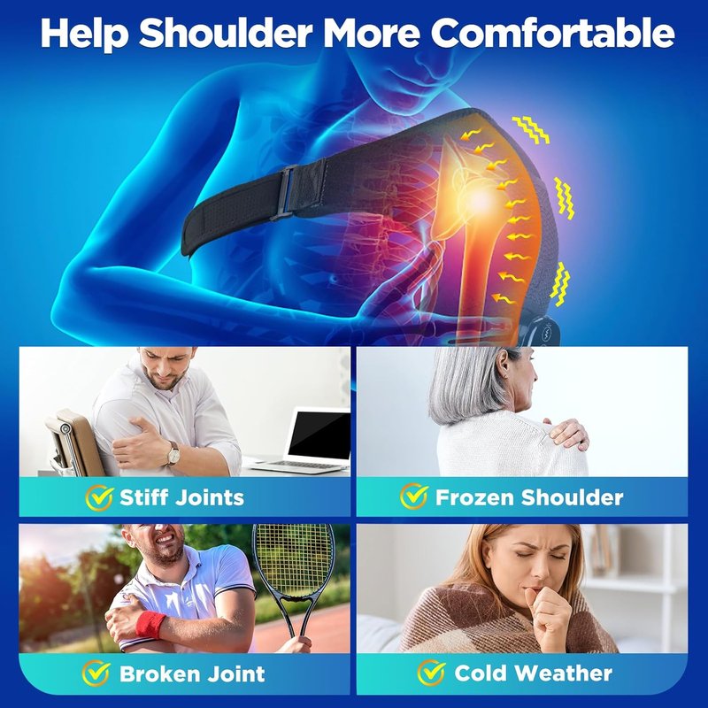 Cordless Portable Shoulder Heating Pad - Vibration Massager for Pain Relief | Adjustable Black Wrap for Rotator Cuff Support