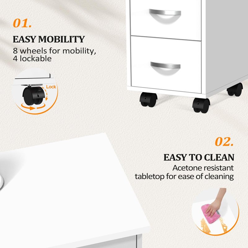OmySalon Manicure Table Nail Desk w/Cabinet, Drawers, Wheels & Wrist Rest, Spa Salon Beauty Home Wooden Technician Workstation Nail Art Equipment for Nail Tech, White