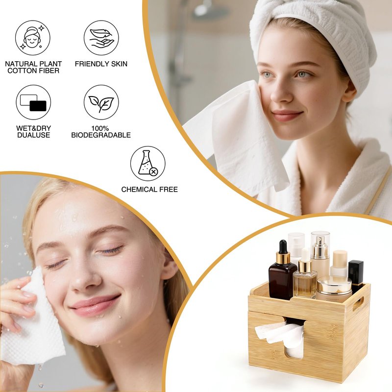InnJoey Bamboo Face Towel Holder with 120 XL Towels - Open-Top Skincare Organizer for Facial Cleansing Wipes & Beauty Essentials - Bathroom Countertop Vanity Organizer