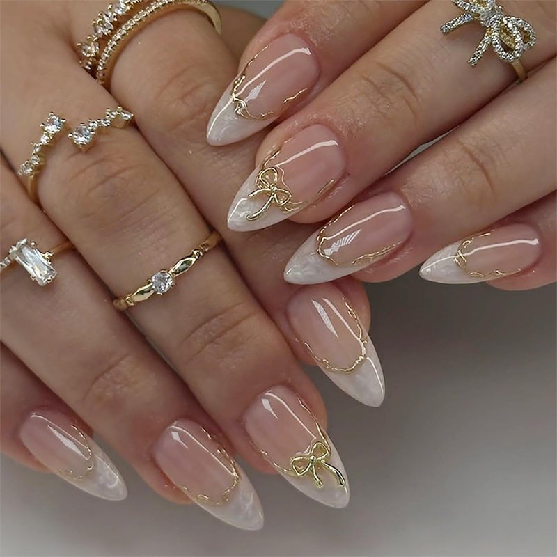 24Pcs White French Tip Press on Nails Medium Almond Fake Nails with 3D Bow Design Gold Line Artificial Stick on Nails Cute False Nails French Full Cover Glue on Nails for Women Manicure Salon Kits