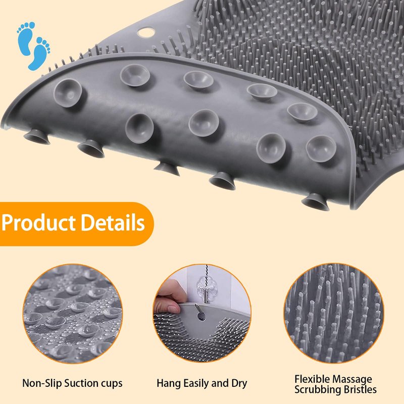 Shower Foot Scrubber, Wall Mounted Bath Massage Pad, Back Scrubber Back with Non Slip Suction Cups to Improve Circulation, Soothe Achy Feet (Grey)