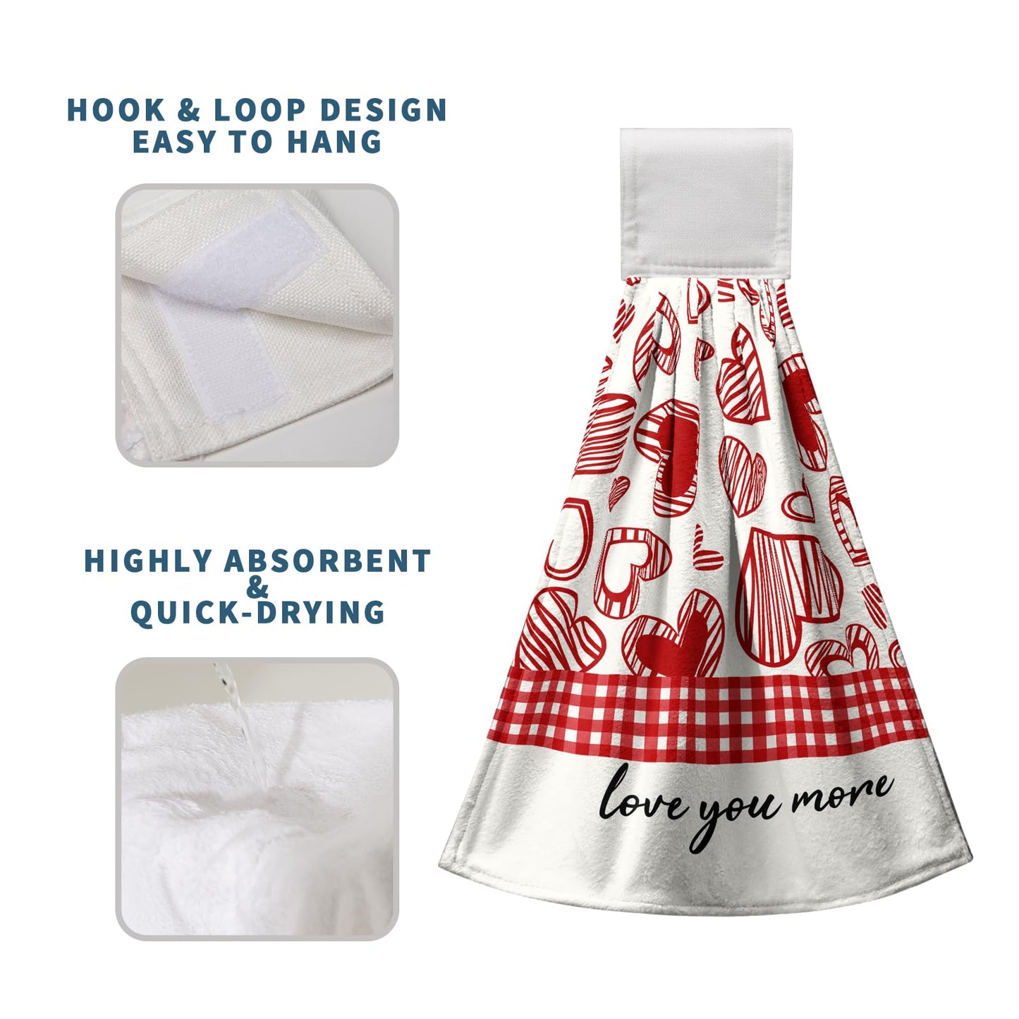 Kwlegh Valentines Day Hanging Kitchen Towels Set of 2 Valentine Red Heart Buffalo Plaid Hand Towels with Hanging Loops Seasonal Sweet Holiday Fingertip Oven Towels hanging Soft Absorbent Bar Tie Towel