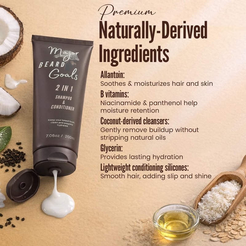 Major Beard Goals: 2-in-1 Beard Wash & Conditioner for Men - Gentle Men’s Shampoo for Beard Care & Growth, Softens, Soothes, Hydrates, & Nourishes Facial Hair, With Natural Ingredients - 7oz