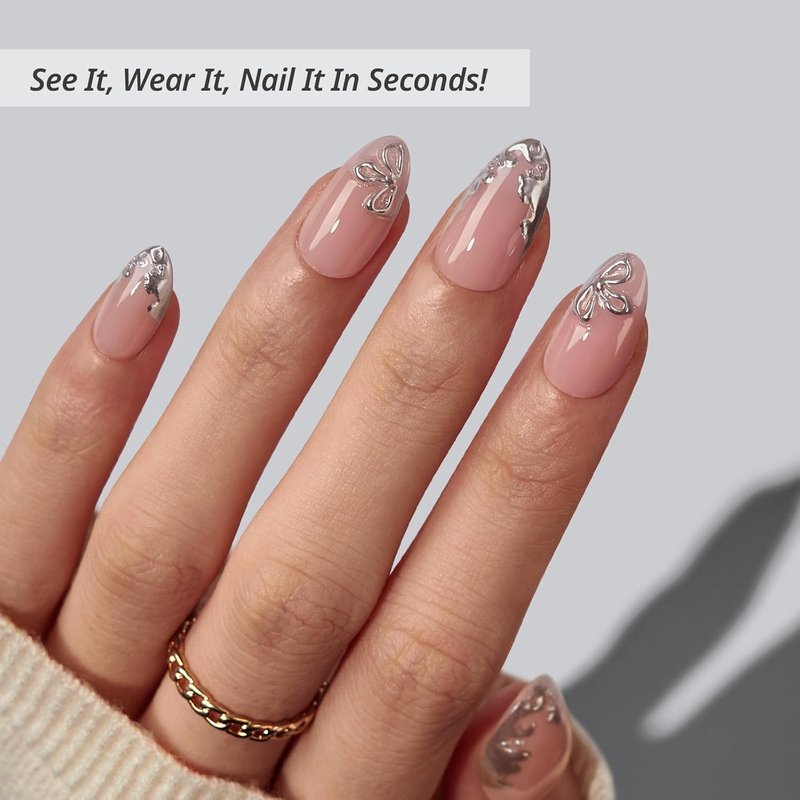 **Press On Nails - Frost Glam Almond Shape with 3D Silver Flowers | 32 Soft Gel Kit in 16 Sizes**