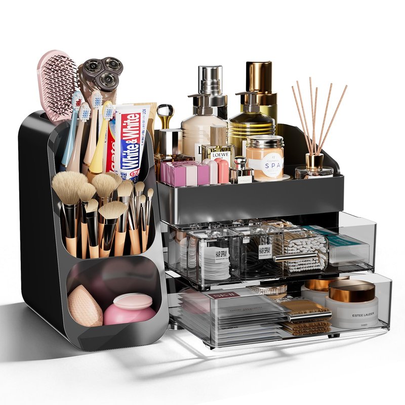 Makeup Organizer with Drawers for Vanity Bathroom Counter Organizers and Storage, Large Skincare Organizer with Brush Toothbrush Holder for Perfume, Nail Polish, Dresser, Office Supplies, Black