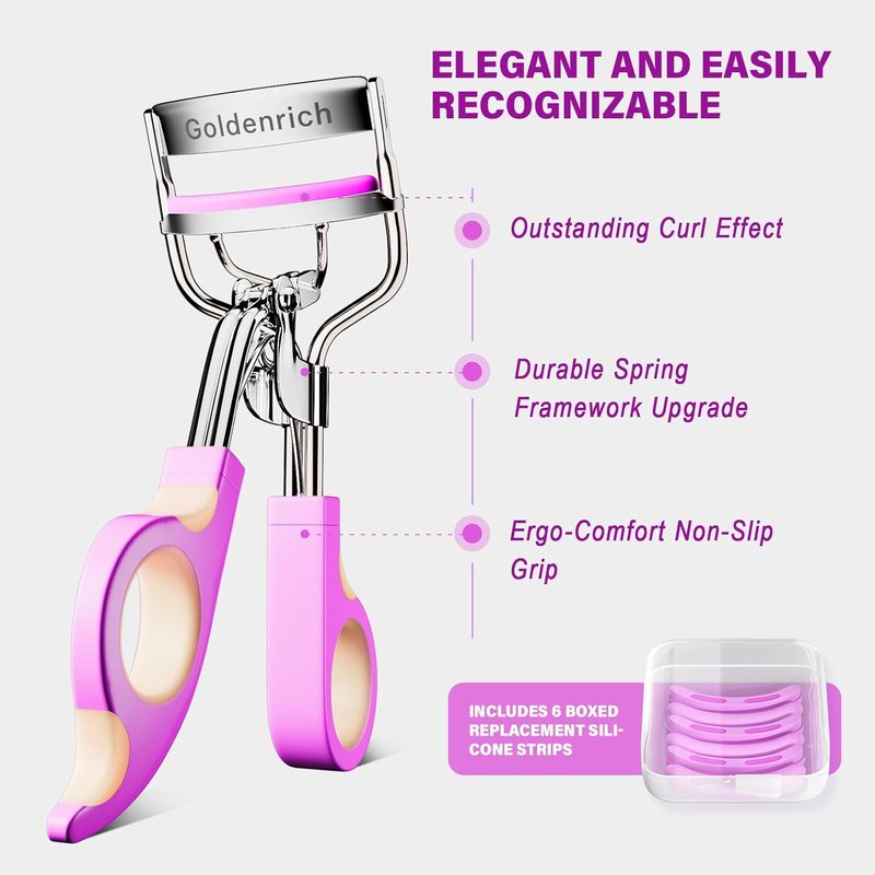 Eyelash Curler - Painless Perfect Curl with 6 Replacement Pads | Silver, Purple, Pink Options for Beauty Enthusiasts
