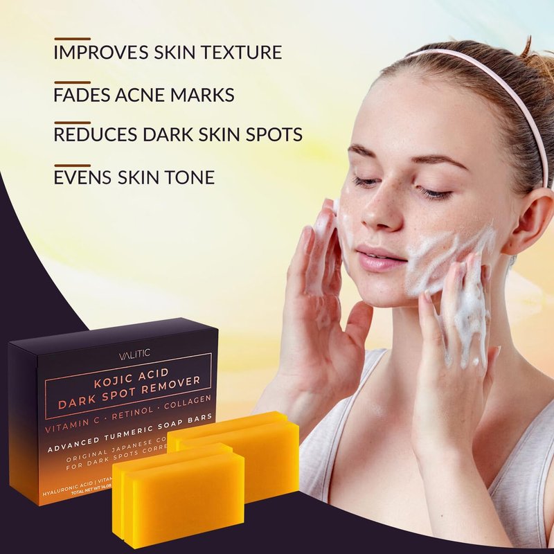 Kojic Acid Dark Spot Remover Soap Bar - Vitamin C, Retinol & Collagen | 4 Pack with Holder