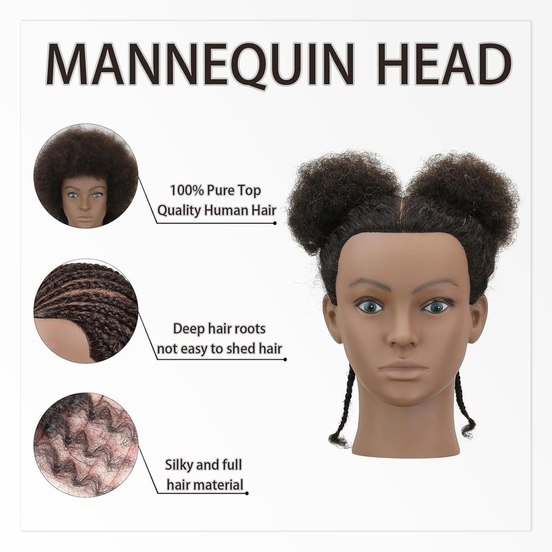 Afro Kinky Curly Mannequin Head - 100% Human Hair for Braiding & Styling | Salon Training Head with Stand