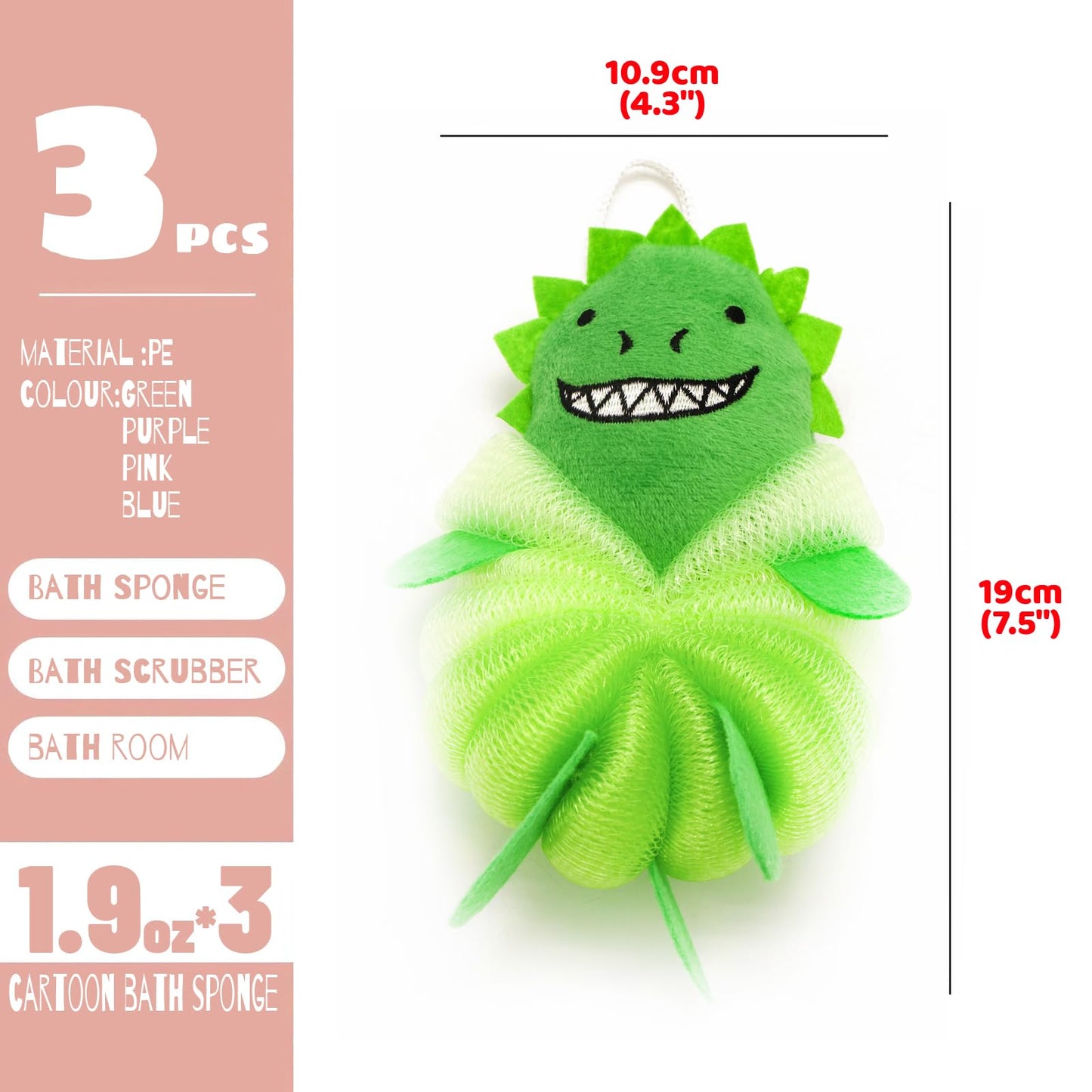 MURRI&MURRDI 3 Pack Kids Cartoon Bath Sponges - Cute Animal Shower Poufs for Toddlers, Gentle Exfoliating Body Scrubber & Mesh Loofah Gift Set for Boys Girls
