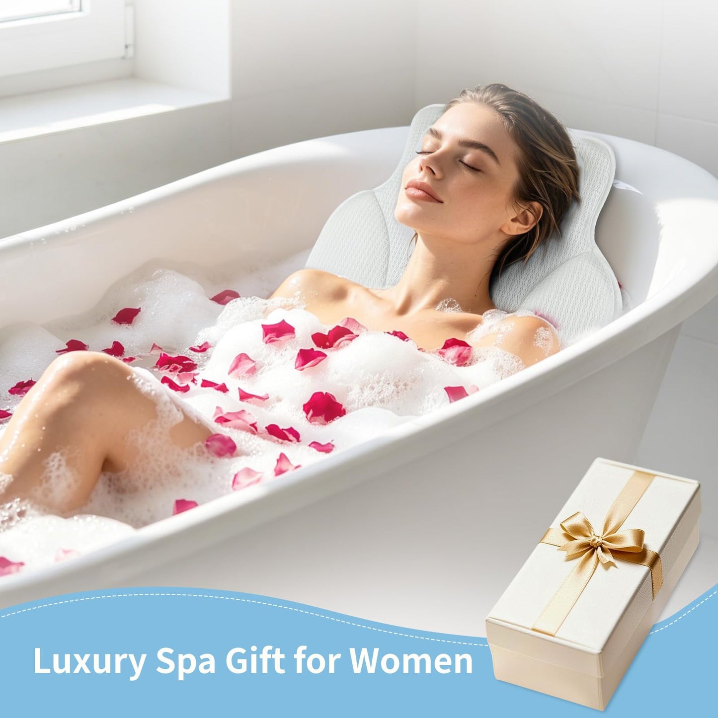 Wnfou Thickened Anti-Slip Bath Pillow for Tub, 88 Powerful Suction Cups, 5D Mesh Fabric, Ergonomic Head Neck Back Support, Quick Drying and Machine Washable, Luxury Spa Gift for Women