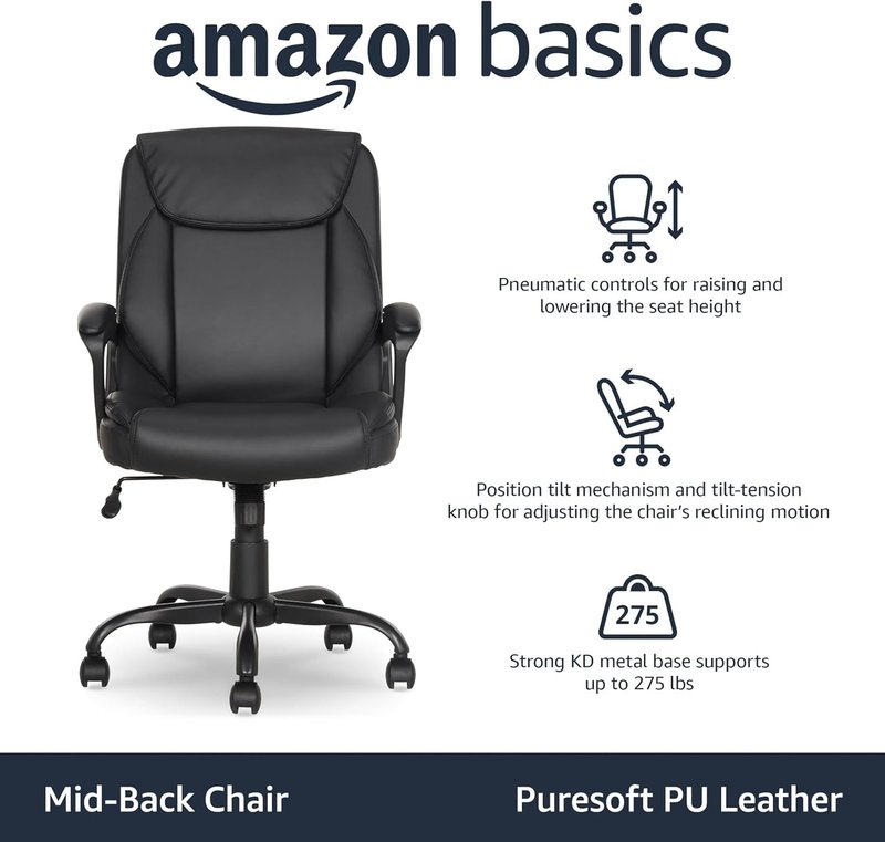 Classic Puresoft PU Mid-Back Office Desk Chair - Sturdy Metal Base, Easy Assembly, 275lb Support | Black 26"D x 23.75"W x 42"H