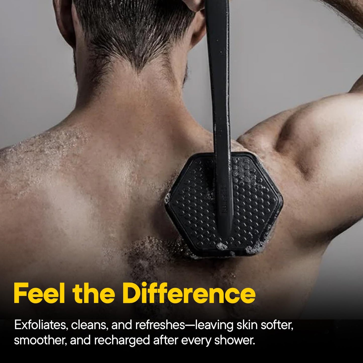 TOOLETRIES Silicone Back Scrubber for Shower Exfoliating Back Brush for Men with Long Handle, Non Slip Grip Body Washer to Clean Hard to Reach Areas, Durable Bath Accessory - Charcoal
