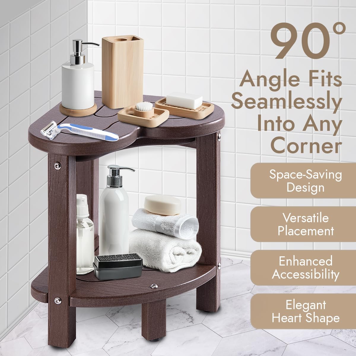 UHA Corner Shower Stool for Inside Shower - Waterproof Corner Shower Bench, HDPE Plastic Bathroom Bench, Adjustable Height Corner Chair for Shaving Legs,Storage Shelf,Non-Slip Feet， Coffee