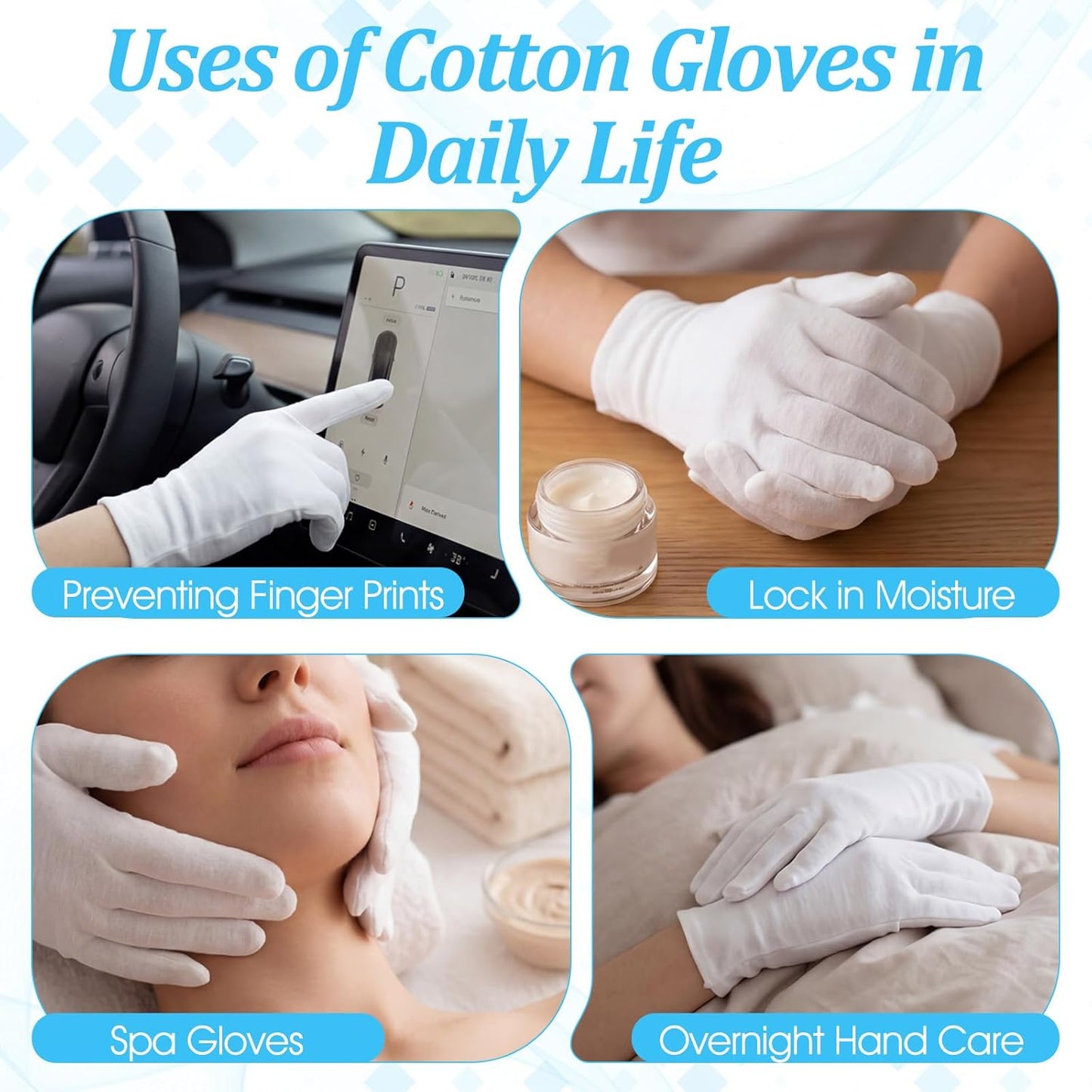 White Cotton Gloves for Dry Hands | Moisturizing Eczema Relief | 4 Pairs, Stretchy & Thin