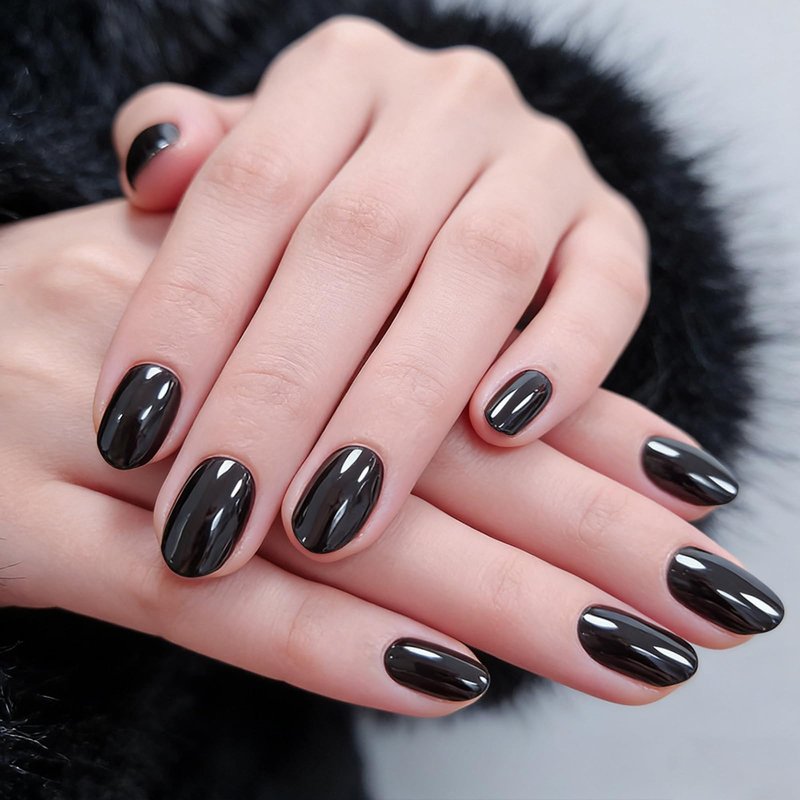 Black Press On Nails Short Almond Fake Nails Chrome False Nail With Design Solid Color False Nails Full Cover Acrylic Glossy Artificial Stick On Nail For Women Manicure Art 32pcs