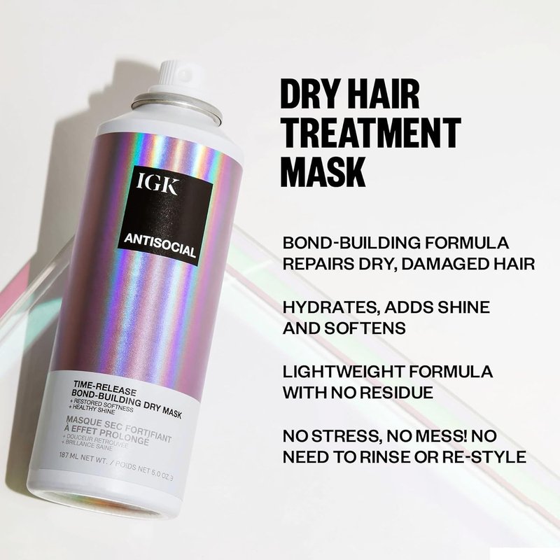 IGK Antisocial Leave-In Repair Dry Hair Mask, Overnight Bond-Building Treatment for Damaged Hair, No-Rinse Spray Smooths Frizz + Adds Shine, Vegan + Color-Safe, 5 fl oz