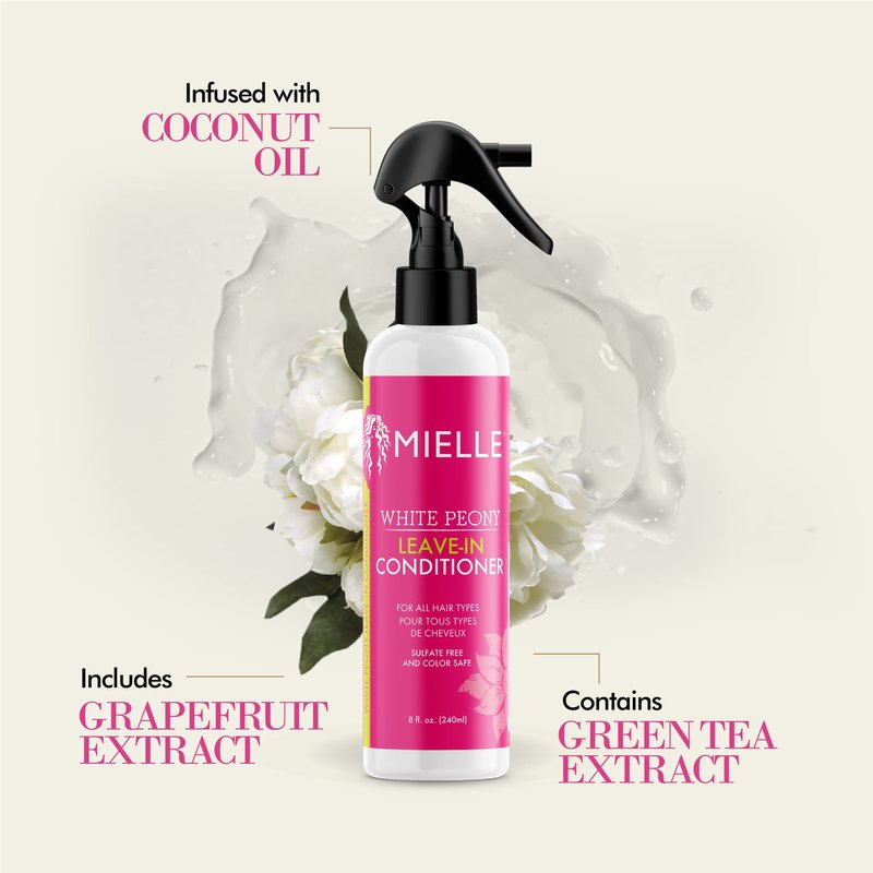 Mielle Organics White Peony Leave-In Conditioner Spray - Ultra-Moisturizing Detangler for Curly & Natural Hair - Frizz Control & Moisture Seal - Color-Safe & Sulfate-Free, 8 Fl Oz