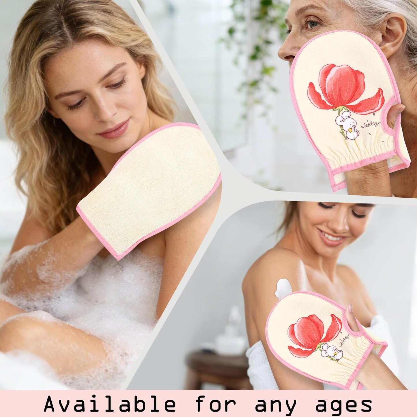 Cleanbear Exfoliating Washcloth Mitt 2 Pack – Dual Texture Bath Mitt for Shower, Fits on Hand Like a Glove, Soft Terry & Gentle Exfoliating Face and Body Scrubber, Pink