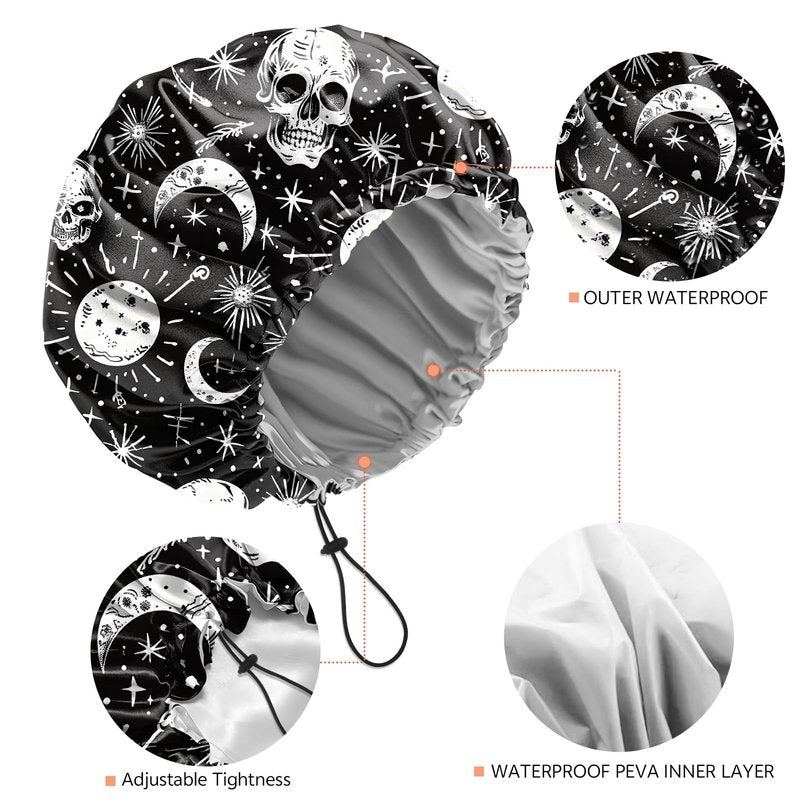 BHAHB Shower Cap Reusable Double Layer Adjustable Elastic Waterproof EVA Hair Bath Caps for Women Girls Cute Aesthetic-Skull