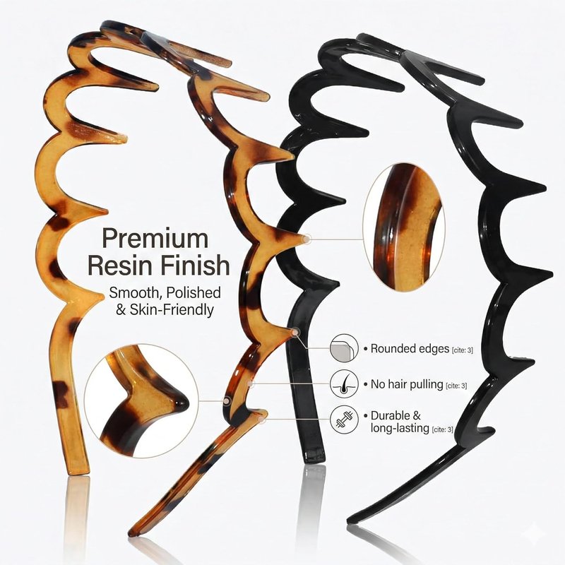 2026 Trend Zig Zag Headbands for Women – 2PCS U-Shaped Comb Hairbands, Strong Grip Non-Slip Slick Back Style, Black & Tortoise Recycled Plastic for Gym & Daily Look (2, black&leopard color)