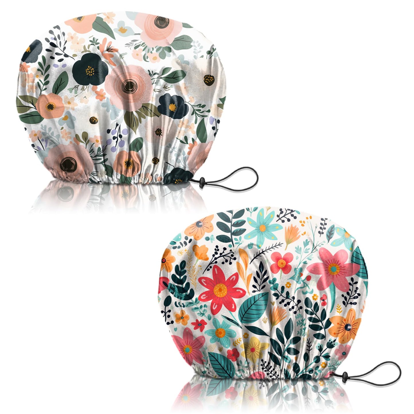 Deokke 2 PCS Shower Cap Reusable Waterproof Adjustable Double Layer Elastic Dry Hair Bathing Caps Aesthetic Cute for Women Girls-Pink Flower