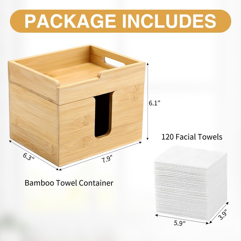 InnJoey Bamboo Face Towel Holder with 120 XL Towels - Open-Top Skincare Organizer for Facial Cleansing Wipes & Beauty Essentials - Bathroom Countertop Vanity Organizer