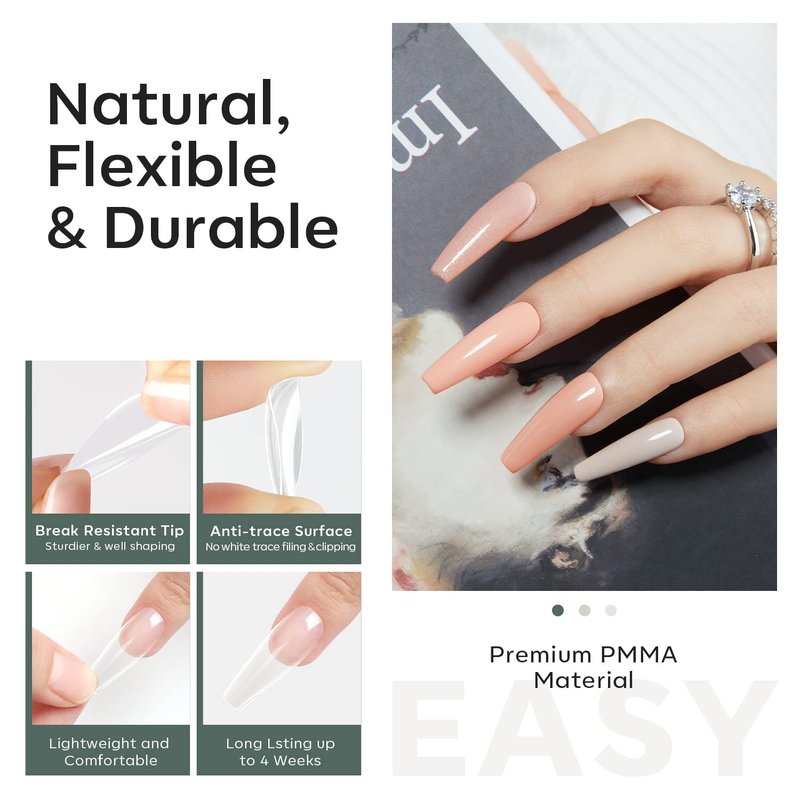 Modelones Long Coffin Nail Tips - 500Pcs Fake Nails Gel Clear Soft Acrylic Press on Pre-shape Full Cover Gel Extension Home DIY Salon Art Design 10 Sizes