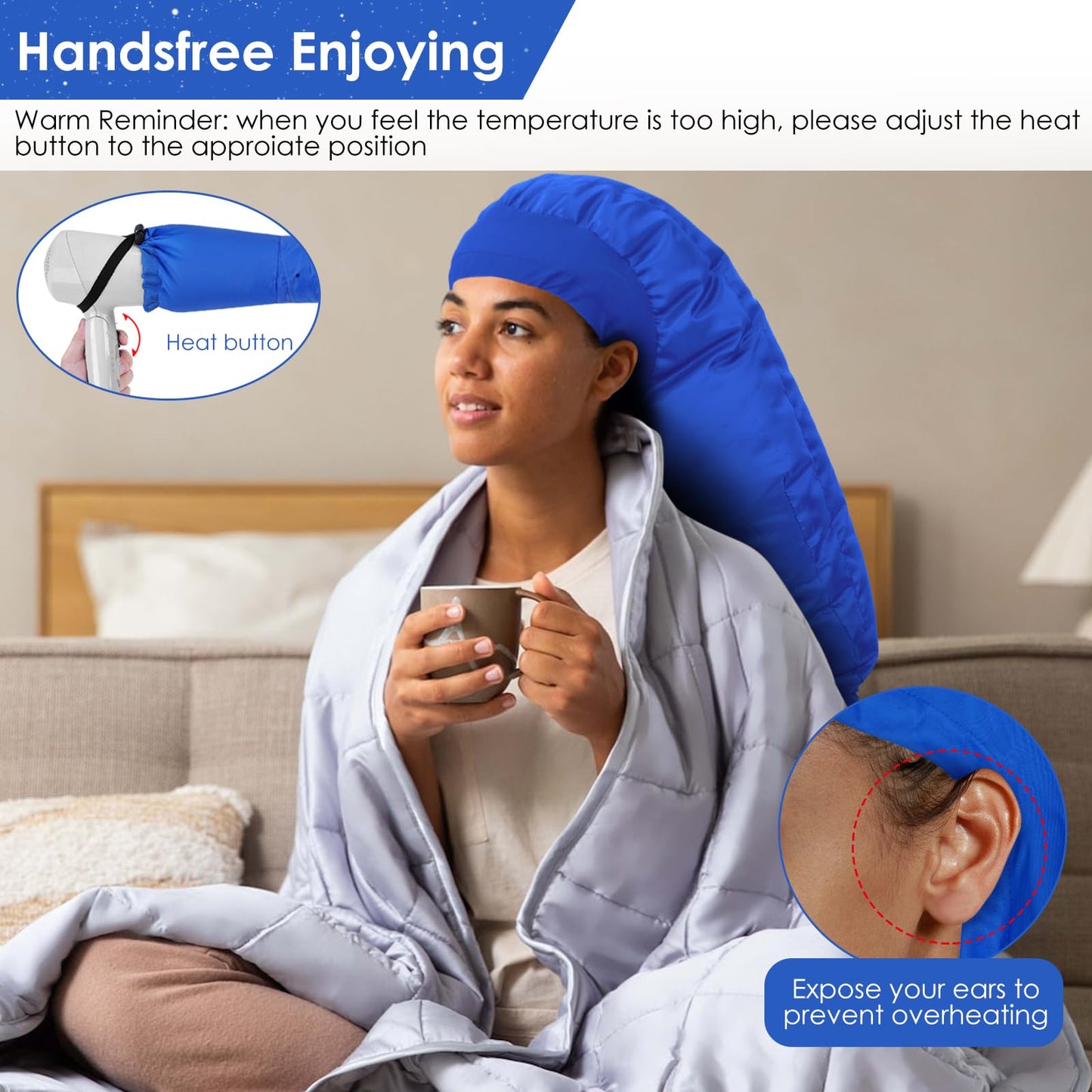 TEPENAR Hair Dryer Bonnet Attachment: Upgraded Extra Large Hooded Dryer Adjustable Hair Dryer Caps - Easy to Use for Natural Curly Textured Hair Care Styling Fast Drying - Blue