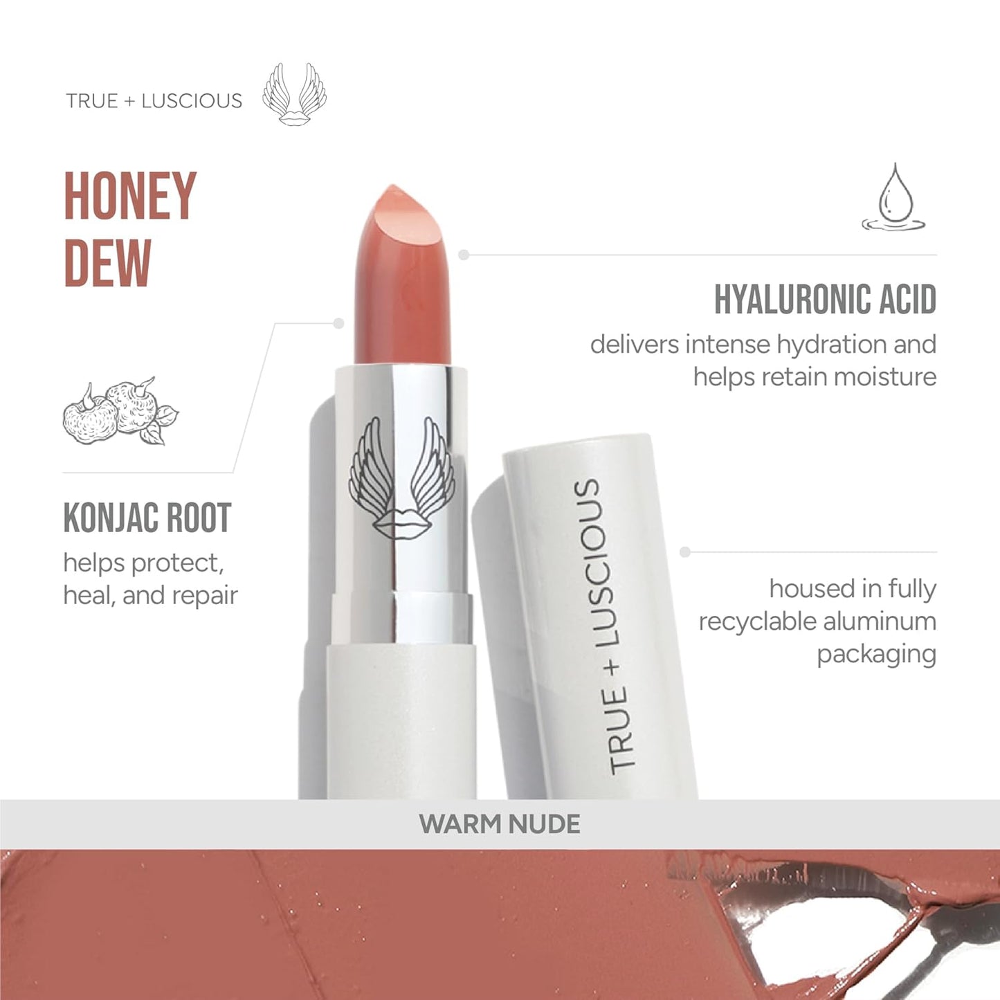 True + Luscious Super Moisture Lipstick | Satin Cream Lip Color for Lasting Hydration | Hyaluronic Acid Konjac Root Powder | Vegan Cruelty-Free Gluten-Free Flatters All Skin Tones | Honeydew